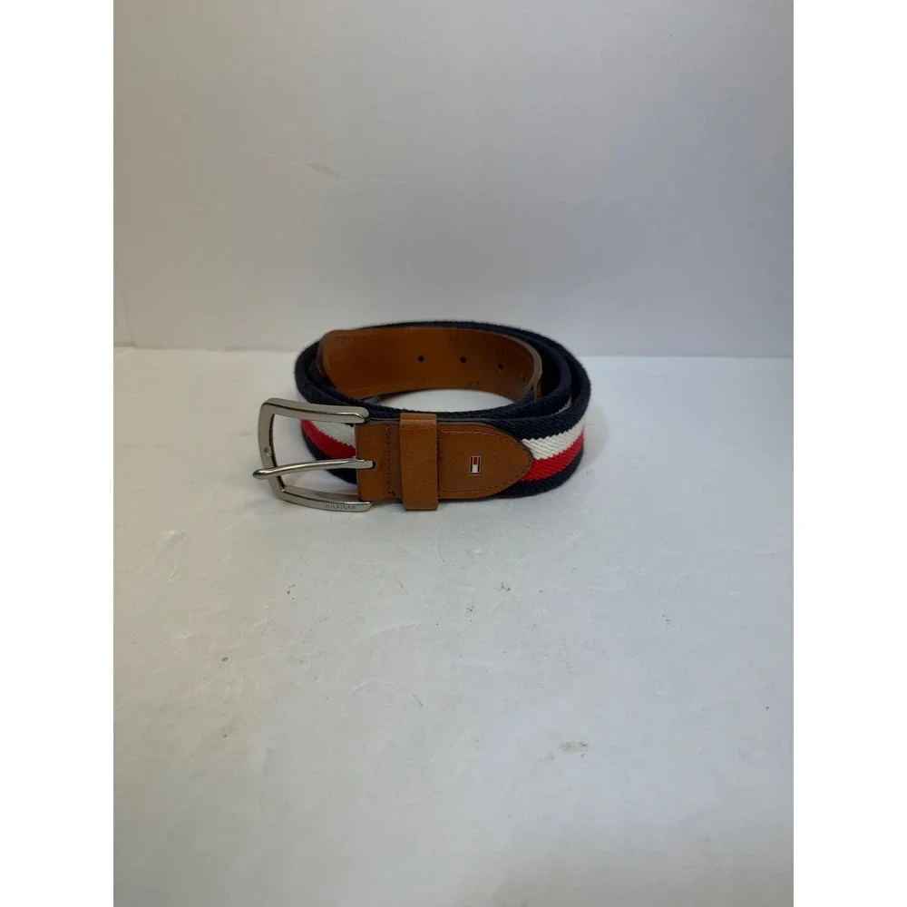 Tommy Hilfiger Mens Striped Fabric Leather Trim Belt Navy White Red Size 40/100